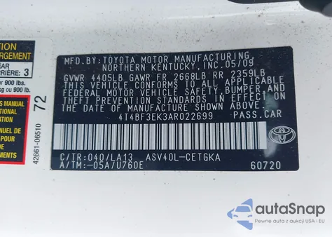 2010 Toyota Camry Xle из США, поврежденный, VIN 4T4BF3EK3AR022699